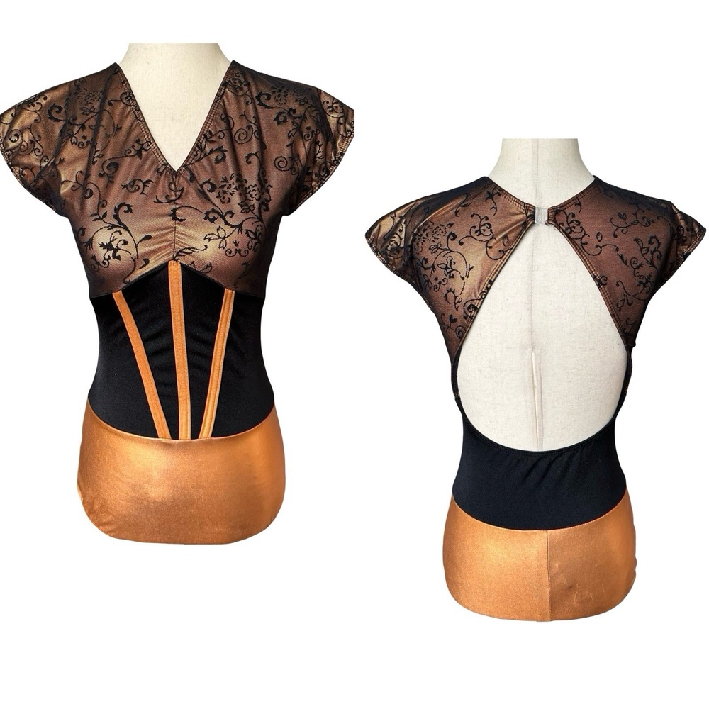 Vtg Copper Metallic Floral Lace Overlay Stretch Bodysuit Womens Small Open Back